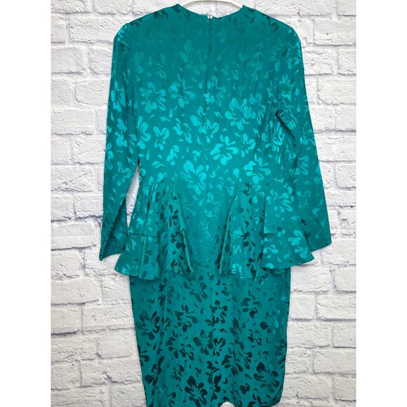 Pape'll Petites Vintage Turquoise 100% Silk Long Sleeve Peplum Midi Dress SZ 4P - Picture 5 of 5